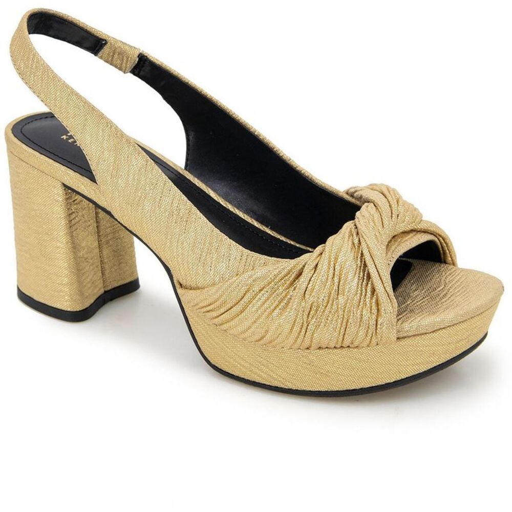 Kenneth Cole Reaction Womens RYLEE Gold Faux Leather Block Heels Shoes NWT